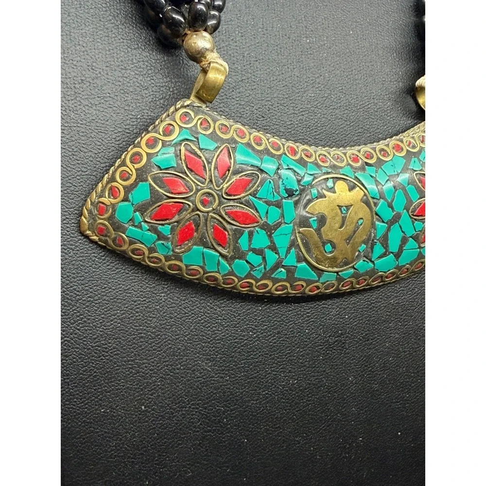 Tibetan Crushed Blue Red Stones  Statement‎ Pendant Necklace Glass Beaded Multi